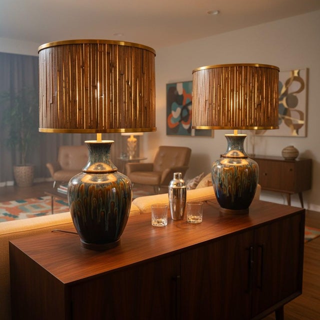 Striking pair of authentic vintage lamp shades featuring hand-applied split bamboo over a rigid shade form with brass-tone...