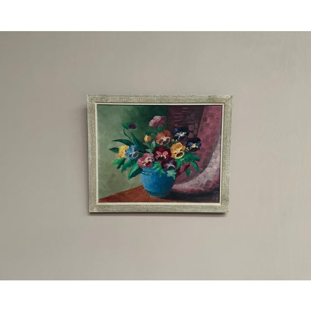 G. Stränz, Pansies in Blue Vase, 1960s, Oil Painting on Canvas, Framed For Sale - Image 17 of 17