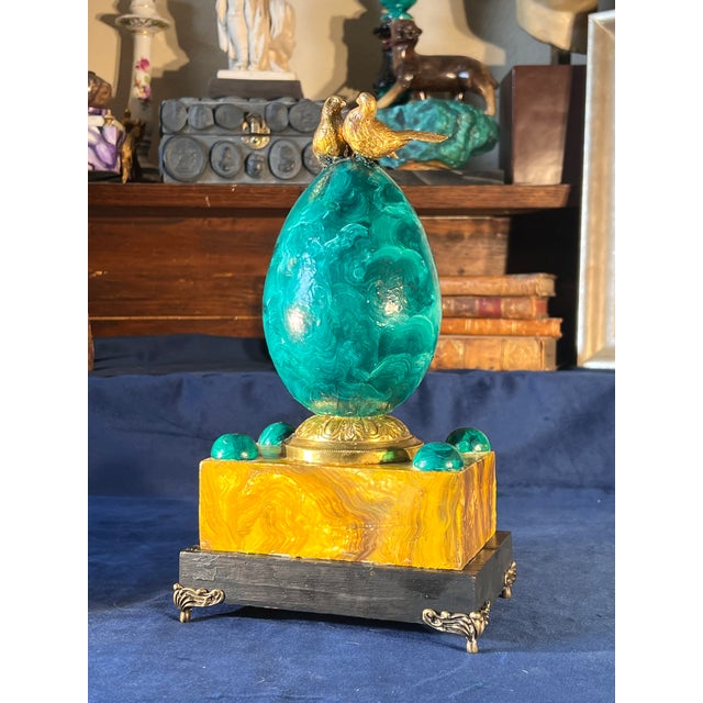 Empire Style Faux Malachite & Sienna Marble Decorative Egg Table Article With Gilt Bronze Doves For Sale - Image 11 of 14