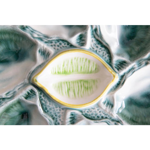 1920s Antique French Saint Clément Majolica Blue Green & Yellow Lemon Wedge Oyster Plate For Sale - Image 5 of 7