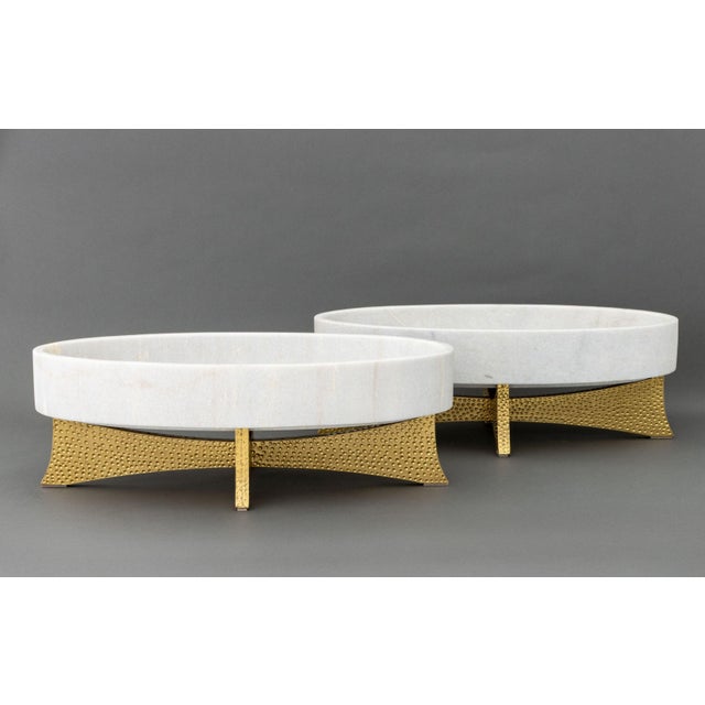 Pair of Googie Style "LAX" White Marble Oval Bowls on Gilt Stands. Each Overall: 8.25 H x 24" W x 12" D. Provenance: From...