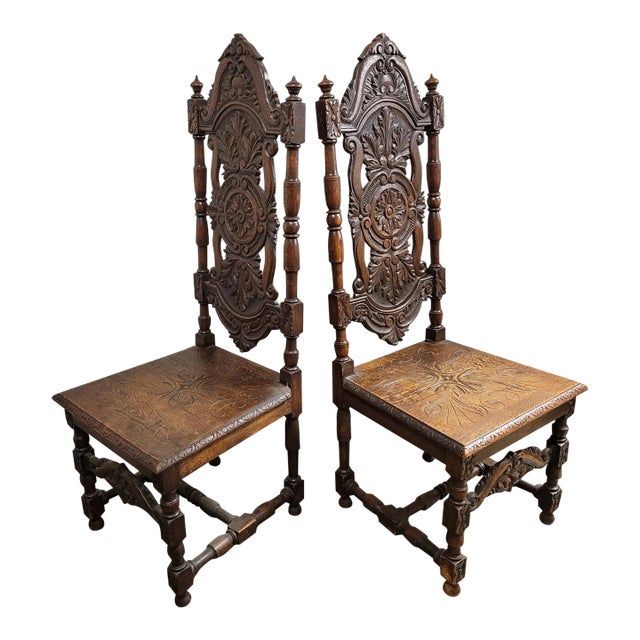 19th C English Jacobean English Carved Oak Hall Chairs - a Pair For Sale