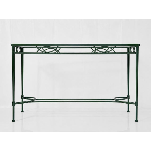 Mid-Century Modern 1980s Attributed to Mario Papperzini for Janus Et Cie Green Iron and Glass Console Table For Sale - Image 3 of 18