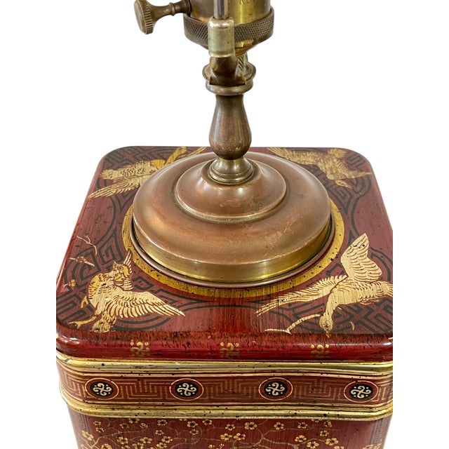 Vintage Frederick Cooper Style Red Chinoiserie Tin Tea Caddy Lamp For Sale - Image 6 of 14