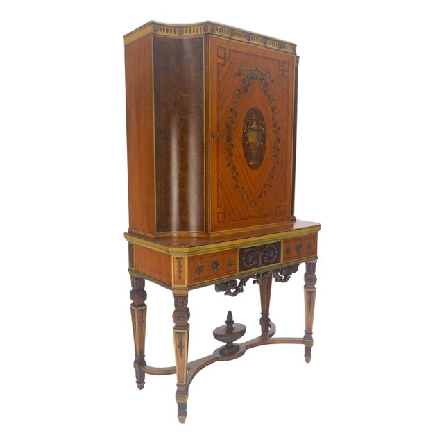 Adams Style Hand Painted Decorated Satinwood Cabinet Large Stretcher Finial MINT For Sale