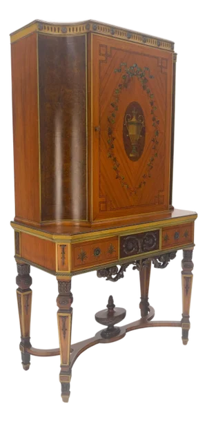 Adams Style Hand Painted Decorated Satinwood Cabinet Large Stretcher Finial MINT