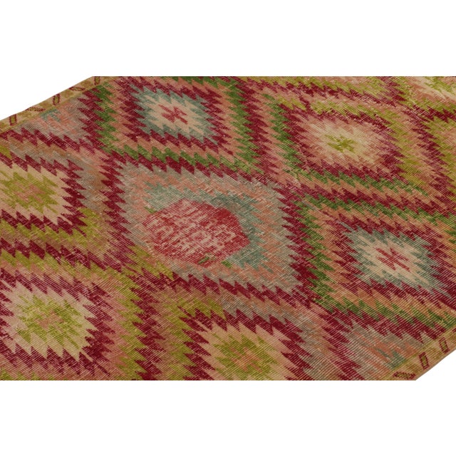 Rug & Kilim Vintage Distressed Deco Rug in Red, Green, Pink Geometric Pattern For Sale - Image 4 of 7