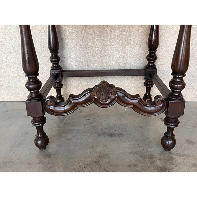 20th Pair of Spanish Nightstands With Carved Drawer and Beautiful Stretcher For Sale - Image 10 of 10