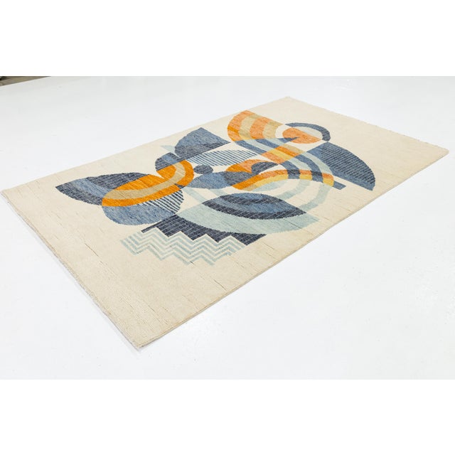 Art Deco Geometric Abstract Art Deco Inspired 5x8 Wool Area Rug in Soft Cream For Sale - Image 3 of 9