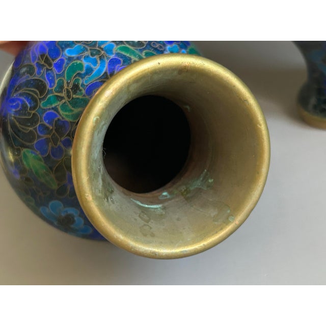 Metal Mid 20th Century Chinese Blue Cloisonné Floral Vases – Pair For Sale - Image 7 of 9