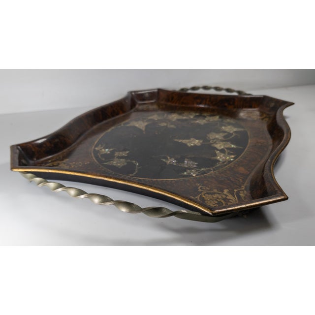 19th Century English Victorian Tole Metal Serving Tray With Mother of Pearl and Faux Grain Design For Sale - Image 14 of 18