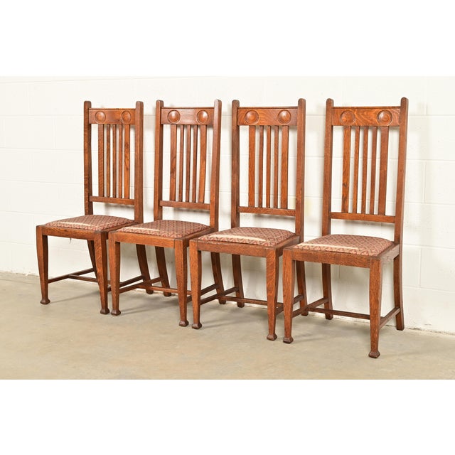 Wood Stickley Brothers Style Antique English Arts & Crafts Carved Oak High Back Side Chairs or Dining Chairs, Pair For Sale - Image 7 of 8