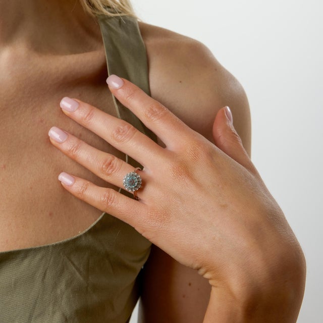 1960s 1960s Mid Century 2.20 Carat Aquamarine Diamond 18k White Gold Cluster Ring, Size 8.25 For Sale - Image 5 of 8