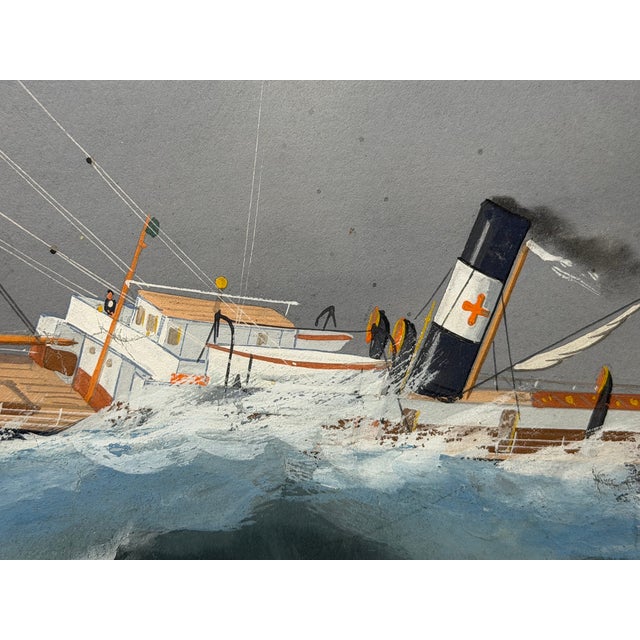 s.s. Livornese in Heavy Seas — Antique Marine Gouache Steam Sail Ship Portrait, Attributed to Luca Papaluca (Italian, 1890–1934) For Sale - Image 12 of 18
