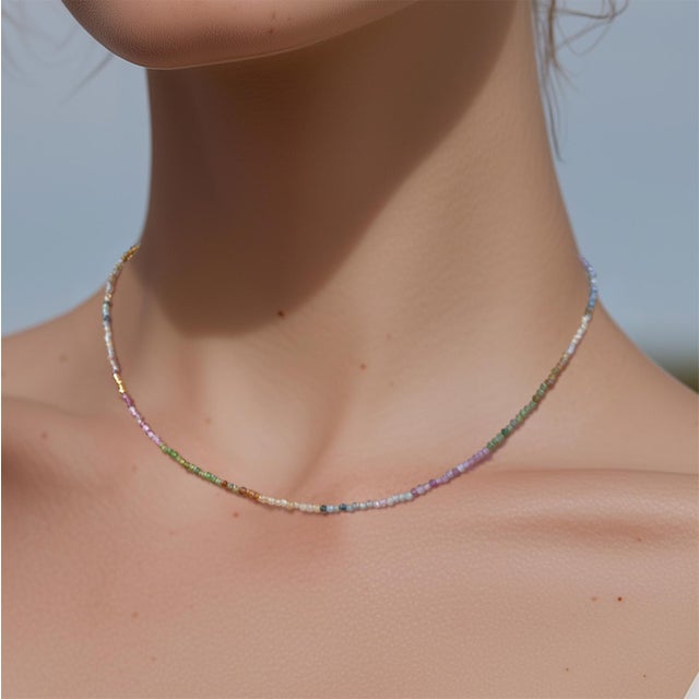Metal Tiny Rainbow Tourmaline Necklace 14k Gold For Sale - Image 7 of 7