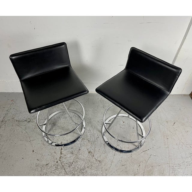Vintage Italian Modern “Dania” High Bar Stools in Leather & Chrome by