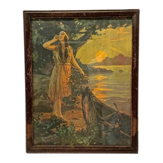 Vintage Native American Woman & Canoe Print For Sale