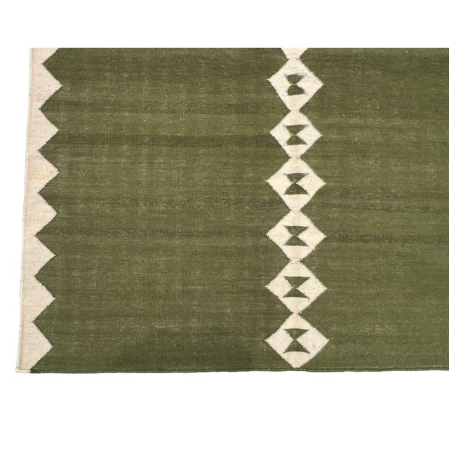 Handmade New Zealand Wool Dhurrie Runner, Olive Green and Cream Diamond Runner Rug- 4'x10' For Sale - Image 13 of 13