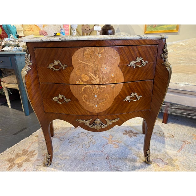 Wood 2000s Vintage French Provincial Walnut and Fruitwood Bombe Commode For Sale - Image 7 of 12