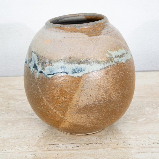 Mid Century Modern Round Vase Blue Tan Glaze Studio Ceramic Weed Vintage Flower For Sale - Image 9 of 12