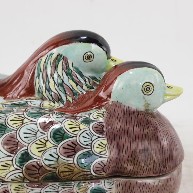Vintage Chinese Famille Verte Porcelain Pair of Mandarin Ducks Covered Bowl For Sale - Image 11 of 12