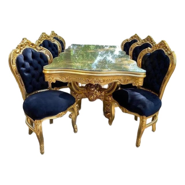 1980 Italian Baroque Gold Beech Black Velvet Dining Set - 7 PCS For Sale