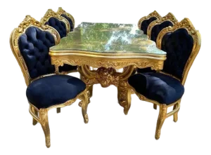 1980 Italian Baroque Gold Beech Black Velvet Dining Set - 7 PCS