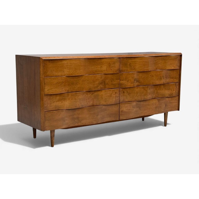 Edmund J Spence, Swedish Mid-Century Modern, Burled Maple, Rare "Wave" Dresser, 1950s Swedish modern double dresser or...