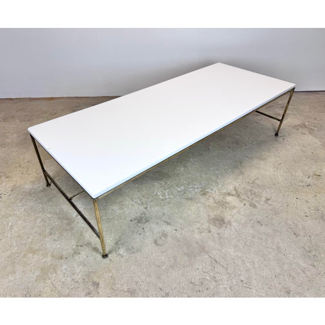 Glass Mid Century Modern Brass Vitrolite Glass Coffee Table Attrib. To Paul McCobb / Irwin For Sale - Image 7 of 12