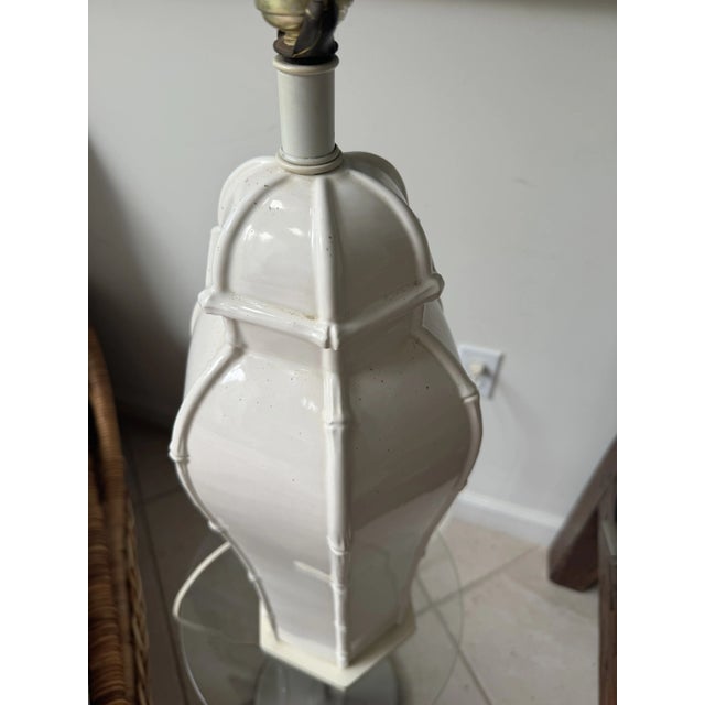 Mid-Century Modern Pair of Vintage Large Ceramic Lamps With Shades, Faux Bamboo Pattern on Six Edges For Sale - Image 3 of 8
