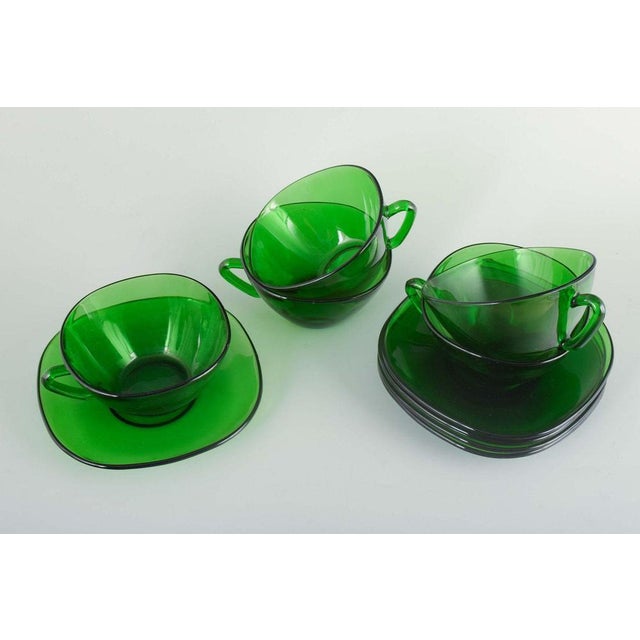 Green Glass Tea Cups with Matching Saucers from Vereco, 1980s, Set of 10 For Sale - Image 3 of 6
