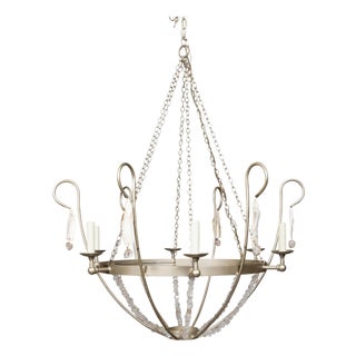 Vintage Rock Crystal, Oyster and Steel Basket Six-Light Chandelier, US Wired For Sale