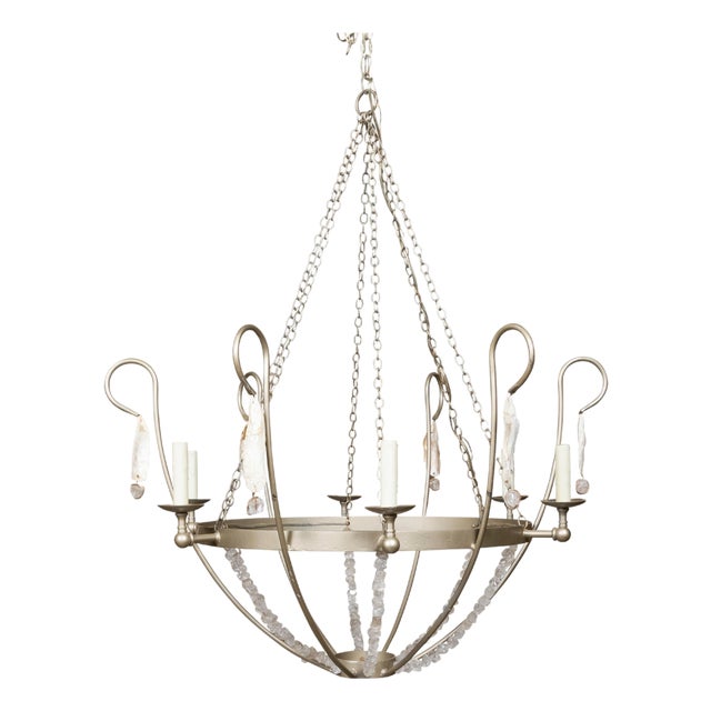 Vintage Rock Crystal, Oyster and Steel Basket Six-Light Chandelier, US Wired For Sale