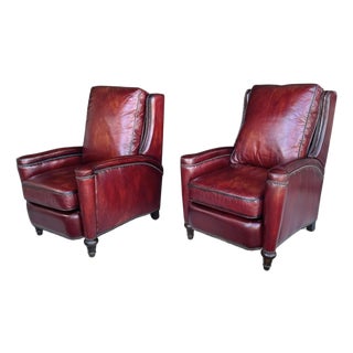Pair of Vintage English Wingback Recliners in Burgundy Oxblood Leather For Sale