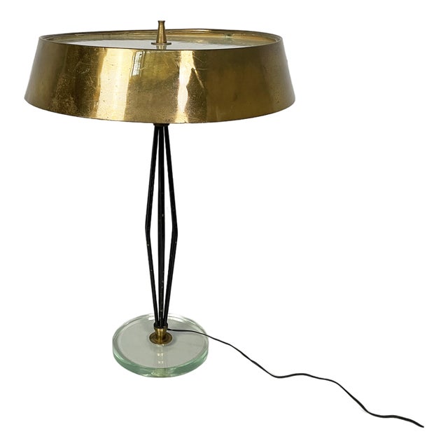 Mid-Century Modern Italian Brass and Glass and Black Metal Table Lamp by Max Ingrand for Fontana Arte, 1950s For Sale
