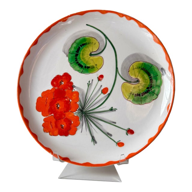 Mid 20th Century Manioli Italy Hand Painted Geranium Large Floral Plate For Sale