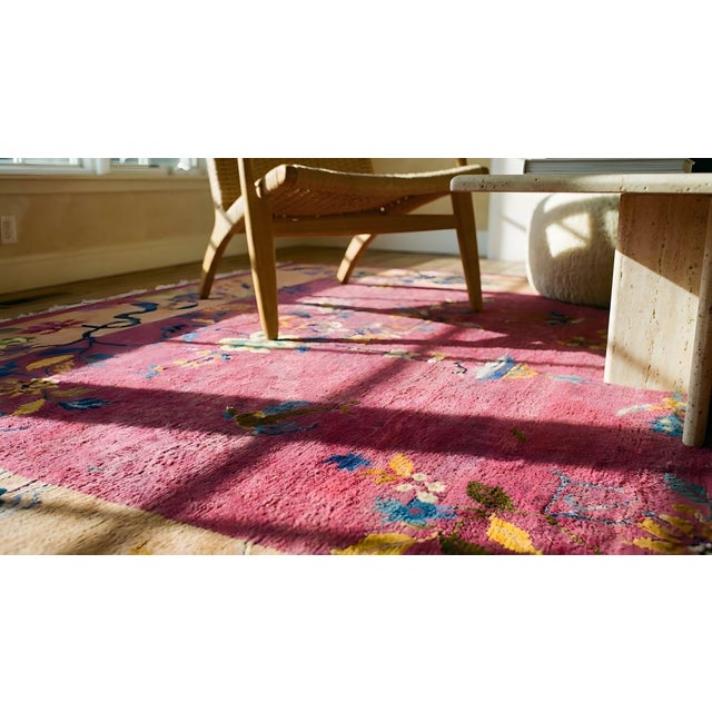 1920s Dark Pink Floral Open Field Antique Chinese Art Deco Rug 6' X 8'8" Handknotted Wool Carpet For Sale - Image 11 of 13