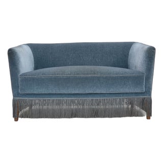 Vintage Danish Two-Seater Sofa in Blue Furniture Velour and Oak, 1970s For Sale