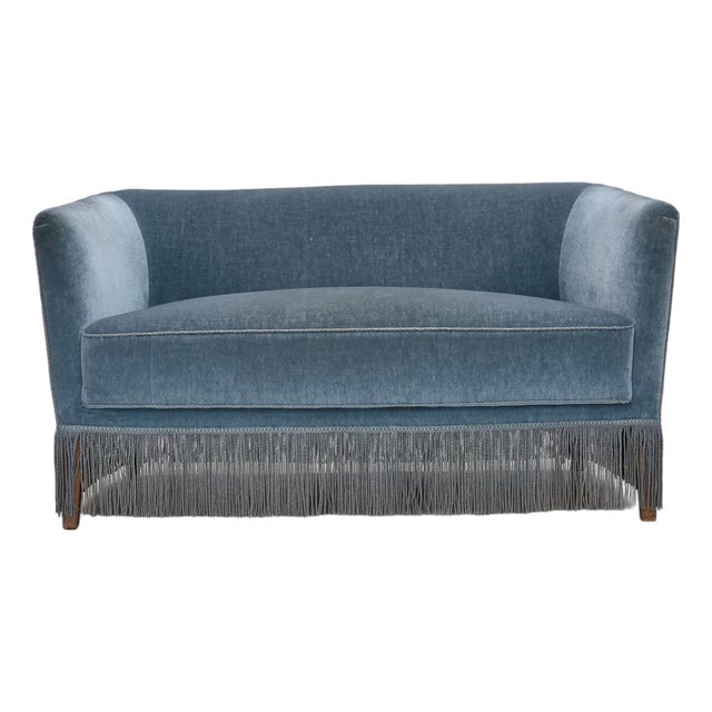 Vintage Danish Two-Seater Sofa in Blue Furniture Velour and Oak, 1970s For Sale