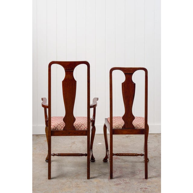 1930s Set of 8 | Queen Anne Revival Dining Chairs With Red/Pink Floral Upholstered Seats For Sale - Image 4 of 8