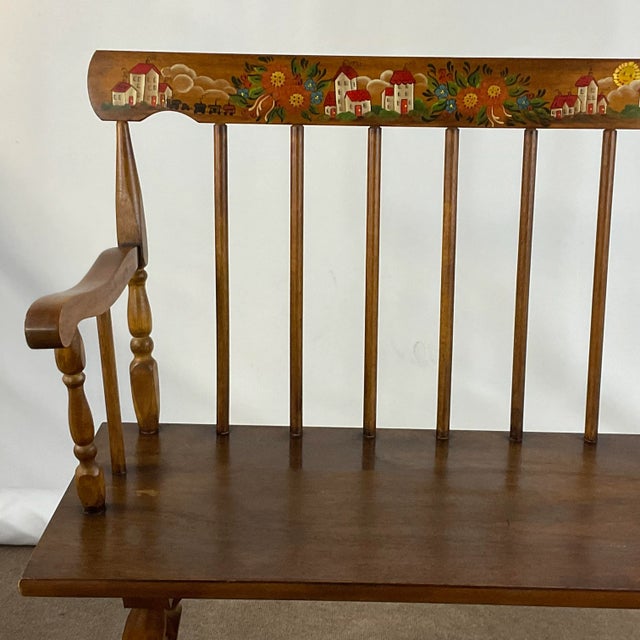 1970s Vintage Arts & Crafts Windsor Spindle Back Pine Bench. For Sale - Image 4 of 12