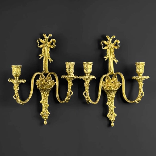 French Louis XVI Gilt Bronze Bow and Flower Basket Wall Sconces, Set of 2 For Sale - Image 10 of 10