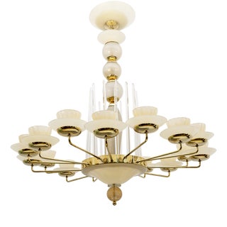 Mid-Century Modern Brass and Murano Glass Big Chandelier For Sale