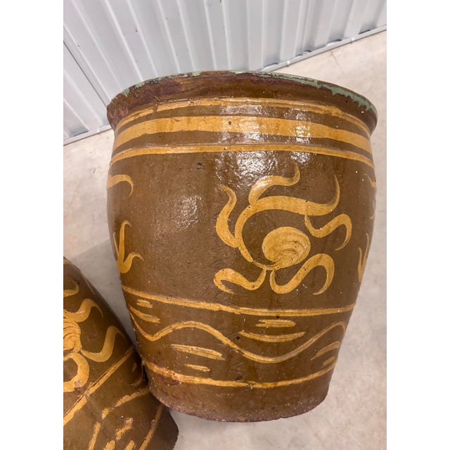 Glass Exceptional Pair Monumental Chinese Dragon Jardinieres Celadon Glaze Chinoiserie Egg Art Pottery Urns With Stand and Glass Top, a Pair For Sale - Image 7 of 12