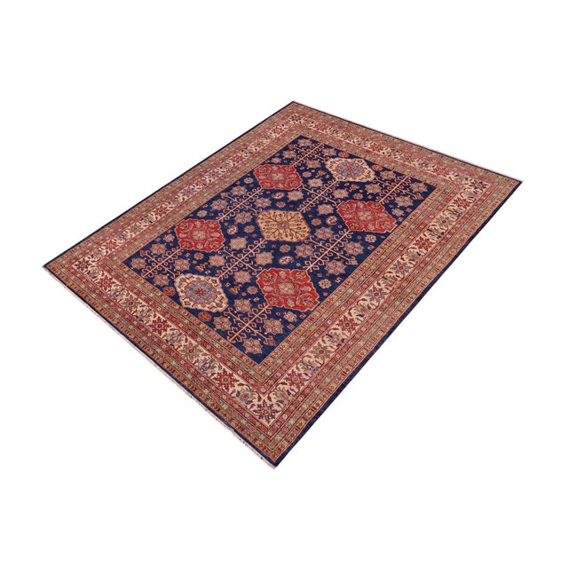 Abstract Boho Chic Super Kazak Blue/Beige Wool Rug - 7'10'' X 10'1'' For Sale - Image 3 of 10