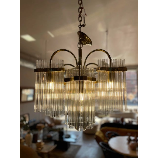 Mid-Century Modern 1970s Vintage Arched Italian Gaetano Sciolari Chandelier With Glass Rods and Brass For Sale - Image 3 of 11