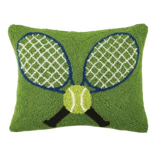 Green Crossed Tennis Racquets Wool Hook Pillow For Sale