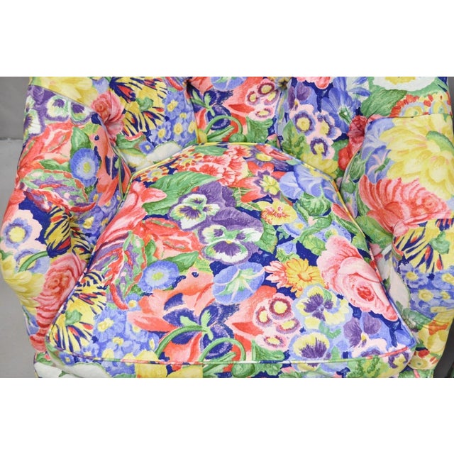 Wood Vintage English Regency Floral Chintz Tufted Rolled Arm Club Lounge Chair - Pair For Sale - Image 7 of 12