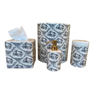 1980s Labrazel Ceramic Bath Set, Black/Cream Toile Made in Italy, Wastebasket, Tissue Holder, Soap Dispenser, Covered Jar - 4 Piece Set For Sale