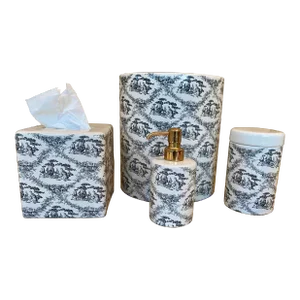 1980s Labrazel Ceramic Bath Set, Black/Cream Toile Made in Italy, Wastebasket, Tissue Holder, Soap Dispenser, Covered Jar - 4 Piece Set